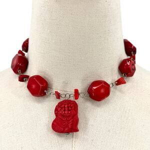 Vintage Red Coral Chunk Carved Cinnabar Foo Dog Pendant Statement Necklace